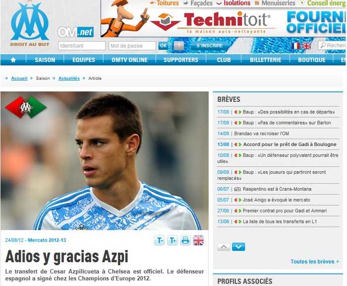 CLB Marseille cũng đã xác nhận việc chuyển nhượng Cesar Azpilicueta đến Chelsea.
